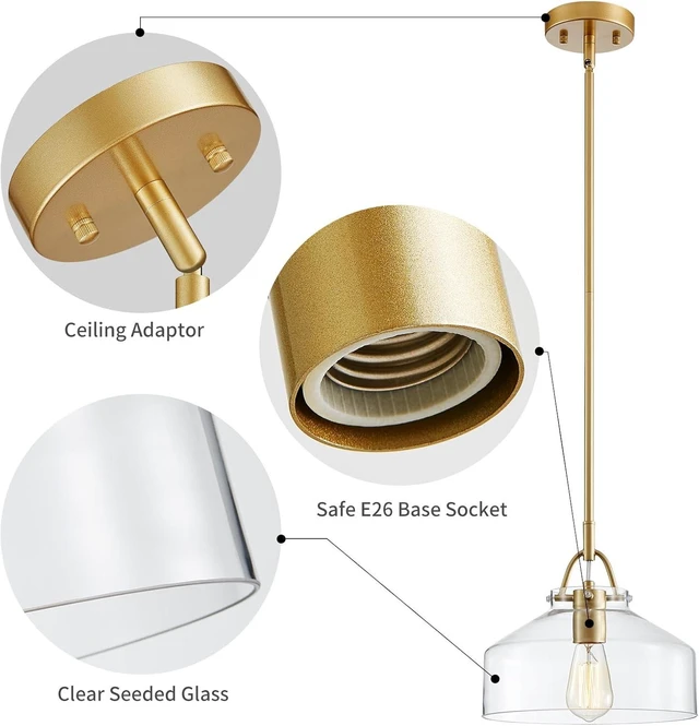 Alt view image 3 of 7 - WUZUPS Chandelier Rustic Farmhouse Industrial Round Ceiling Pendant LED Light Fixture with Clear Glass Shades for Dining Room Kitchen Island Foyer Entryway, H 9.4" x W 10.6", E26 Base, Gold