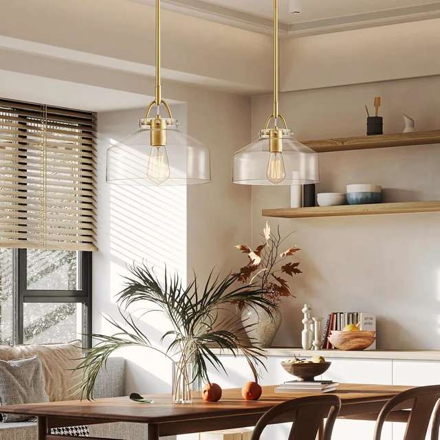 Alt view image 7 of 7 - WUZUPS Chandelier Rustic Farmhouse Industrial Round Ceiling Pendant LED Light Fixture with Clear Glass Shades for Dining Room Kitchen Island Foyer Entryway, H 9.4" x W 10.6", E26 Base, Gold
