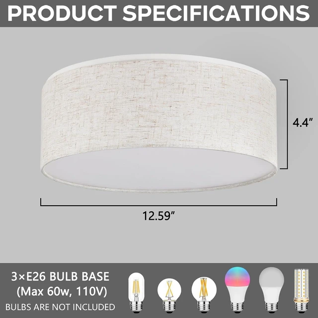 Alt view image 2 of 7 - Luupyia 3-Lights Drum Ceiling Light Fixture 12.6 Inches, Vintage Unique Semi Flush Mount Ceiling Lighting with Fabric Drum Shade, Farmhouse Chandeliers for Bedroom, Hallway, Entry, Foyer E26 60W