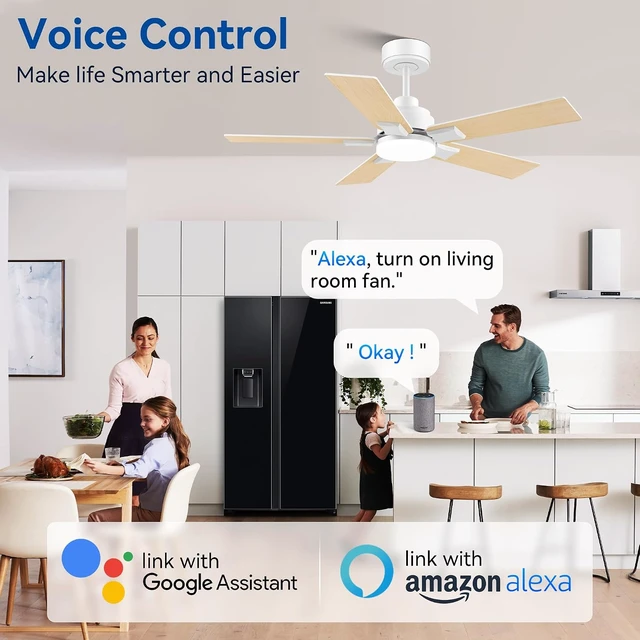 Alt view image 2 of 7 - 42Inch Smart Ceiling Fan with Lights Remote,APP&Voice Alexa WIFI Controled,Quiet Reversible DC Motor,Dimmable LED,Indoor Outdoor,Small Modern Ceiling Fan,for Bedroom Patio Porch,White&Light Wood