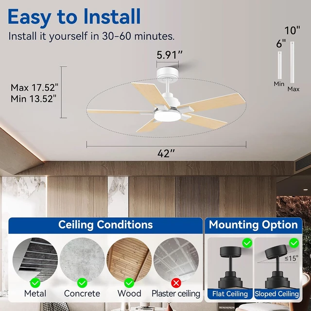 Alt view image 6 of 7 - 42Inch Smart Ceiling Fan with Lights Remote,APP&Voice Alexa WIFI Controled,Quiet Reversible DC Motor,Dimmable LED,Indoor Outdoor,Small Modern Ceiling Fan,for Bedroom Patio Porch,White&Light Wood