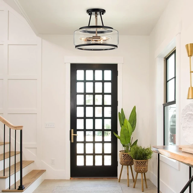 Alt view image 2 of 7 - Drum Black and Gold Semi Flush Mount Ceiling Light Fixture Entryway Hallway