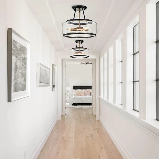 Alt view image 5 of 7 - Drum Black and Gold Semi Flush Mount Ceiling Light Fixture Entryway Hallway