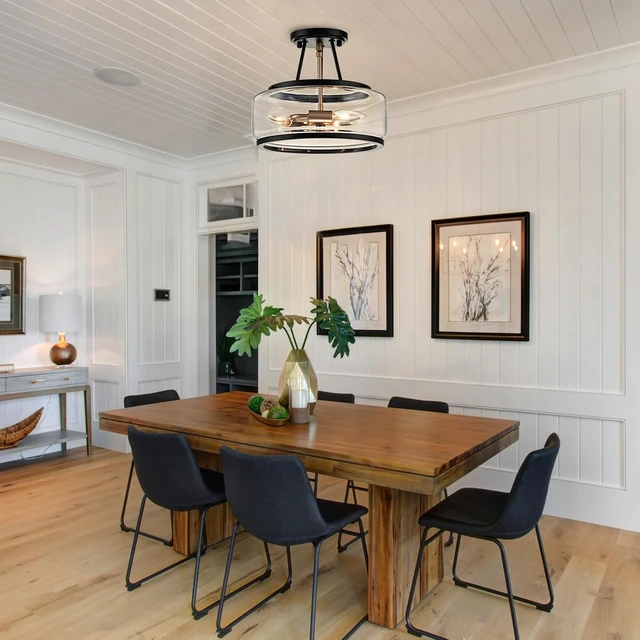 Alt view image 6 of 7 - Drum Black and Gold Semi Flush Mount Ceiling Light Fixture Entryway Hallway