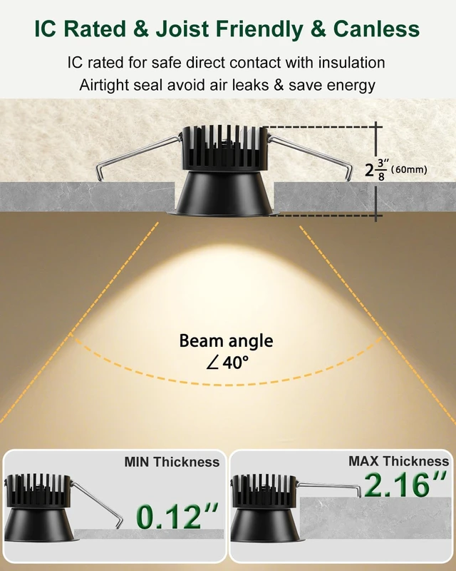 Alt view image 7 of 7 - zouzai 3" Anti-Glare LED Recessed Lights, 5CCT, 12W 1260LM, Black 1 Pack