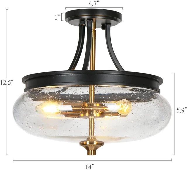 Alt view image 2 of 7 - classy leaves Semi Flush Mount Ceiling Light, Black Gold Close to Ceiling Light Fixture 3 Light Modern Farmhouse Ceiling Light with Seeded Glass for Kitchen Bedroom Hallway Entryway