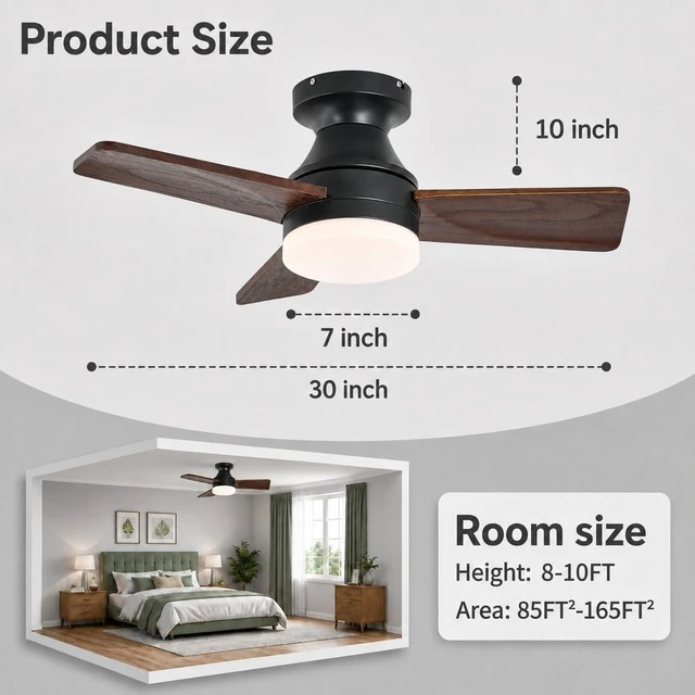 Alt view image 2 of 7 - 30 Inch Wood Ceiling Fan with Light, Flush Mount 3-Blade, Walnut