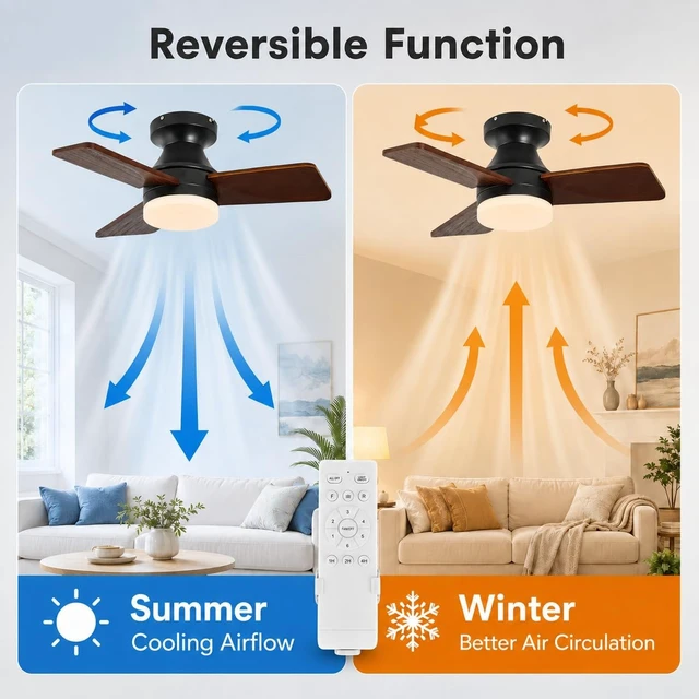Alt view image 6 of 7 - 30 Inch Wood Ceiling Fan with Light, Flush Mount 3-Blade, Walnut