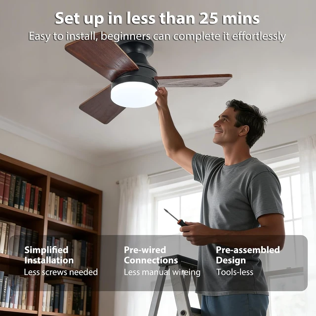 Alt view image 7 of 7 - 30 Inch Wood Ceiling Fan with Light, Flush Mount 3-Blade, Walnut