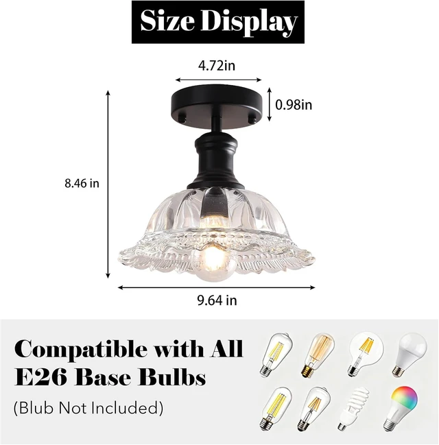 Alt view image 2 of 7 - Vintage Semi Flush Mount Ceiling Light, Close to Ceiling Lighting Fixture, Glass Ceiling Light for Kitchen Island, Bedroom, Dining Room, Bathrrom, Hallway, Closet