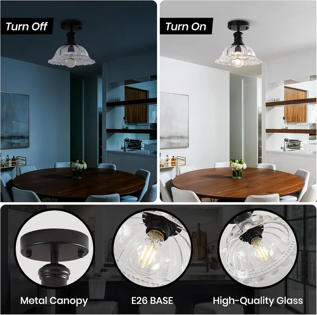 Alt view image 3 of 7 - Vintage Semi Flush Mount Ceiling Light, Close to Ceiling Lighting Fixture, Glass Ceiling Light for Kitchen Island, Bedroom, Dining Room, Bathrrom, Hallway, Closet