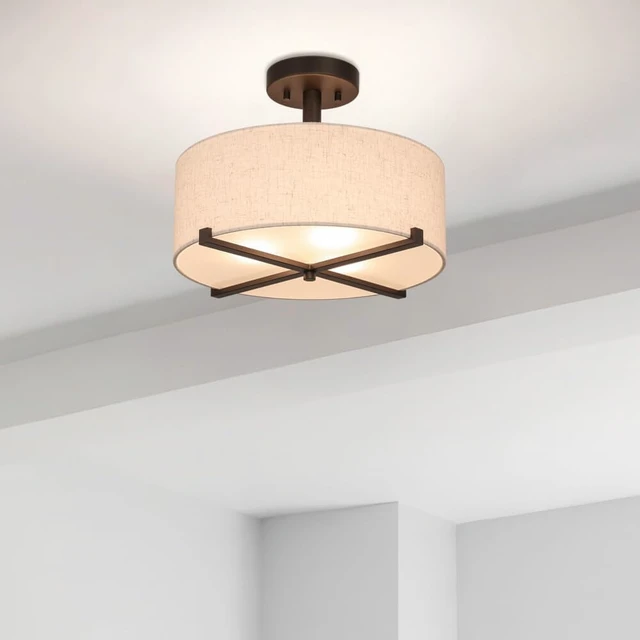 Alt view image 3 of 7 - XiNBEi Lighting 15" Linen Drum Semi Flush Mount Ceiling Light for Bedroom