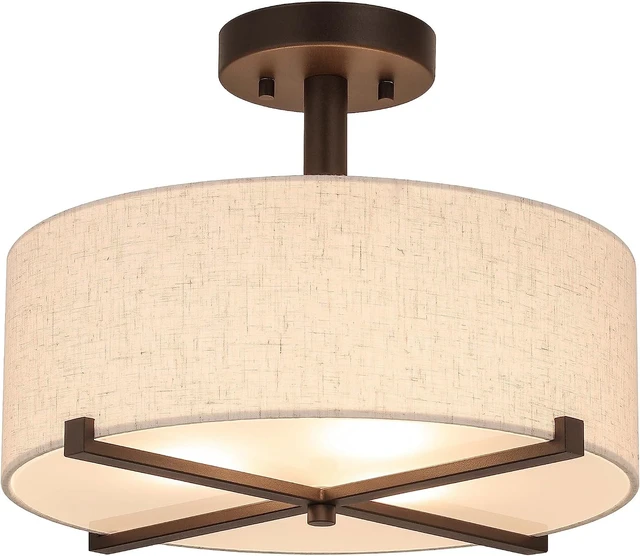 Alt view image 2 of 7 - XiNBEi Lighting 15" Linen Drum Semi Flush Mount Ceiling Light for Bedroom