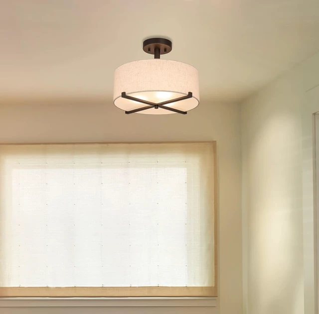 Alt view image 4 of 7 - XiNBEi Lighting 15" Linen Drum Semi Flush Mount Ceiling Light for Bedroom