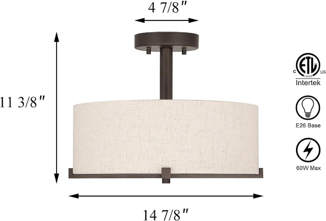 Alt view image 7 of 7 - XiNBEi Lighting 15" Linen Drum Semi Flush Mount Ceiling Light for Bedroom
