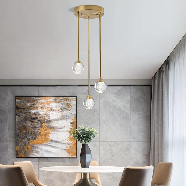 Alt view image 2 of 7 - 3-Light Teardrop Crystal Pendant Light, Dimmable LED Crystal Globe Hanging Light Fixture, Modern Ceiling Pendant Lighting for Kitchen Island Dining Room Bedroom Bar 3000K 24W Brush Brass