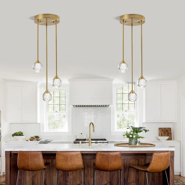 Alt view image 3 of 7 - 3-Light Teardrop Crystal Pendant Light, Dimmable LED Crystal Globe Hanging Light Fixture, Modern Ceiling Pendant Lighting for Kitchen Island Dining Room Bedroom Bar 3000K 24W Brush Brass