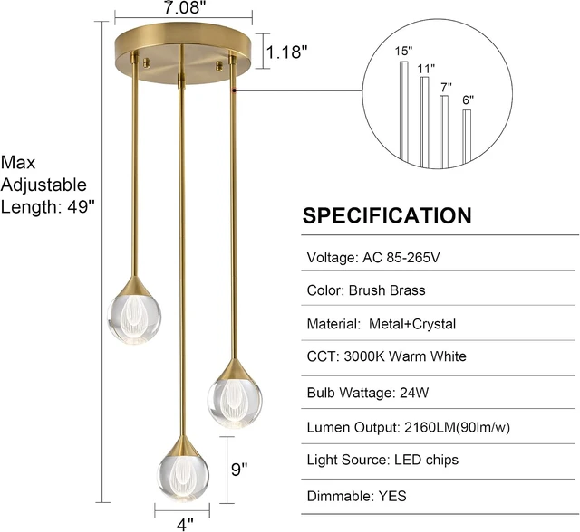 Alt view image 4 of 7 - 3-Light Teardrop Crystal Pendant Light, Dimmable LED Crystal Globe Hanging Light Fixture, Modern Ceiling Pendant Lighting for Kitchen Island Dining Room Bedroom Bar 3000K 24W Brush Brass