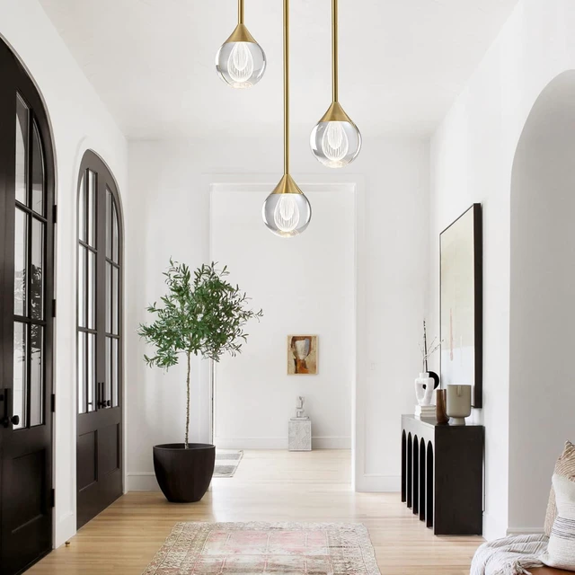 Alt view image 6 of 7 - 3-Light Teardrop Crystal Pendant Light, Dimmable LED Crystal Globe Hanging Light Fixture, Modern Ceiling Pendant Lighting for Kitchen Island Dining Room Bedroom Bar 3000K 24W Brush Brass