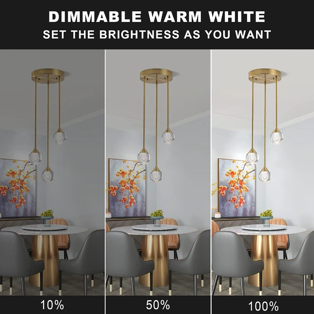 Alt view image 5 of 7 - 3-Light Teardrop Crystal Pendant Light, Dimmable LED Crystal Globe Hanging Light Fixture, Modern Ceiling Pendant Lighting for Kitchen Island Dining Room Bedroom Bar 3000K 24W Brush Brass