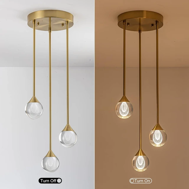 Alt view image 7 of 7 - 3-Light Teardrop Crystal Pendant Light, Dimmable LED Crystal Globe Hanging Light Fixture, Modern Ceiling Pendant Lighting for Kitchen Island Dining Room Bedroom Bar 3000K 24W Brush Brass