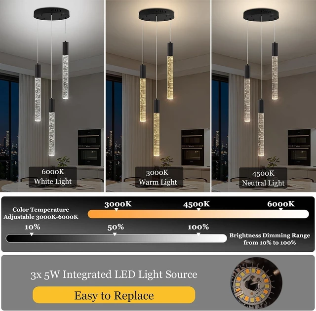 Alt view image 3 of 7 - 3Light Black Modern Bubble Crystal Chandelier, Adjustable Height LED Pendant Light with Remote, Sloped Ceiling Compatible Ceiling Light Fixture for Kitchen Island Dining Room Foyer