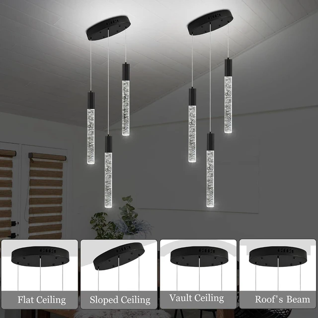 Alt view image 6 of 7 - 3Light Black Modern Bubble Crystal Chandelier, Adjustable Height LED Pendant Light with Remote, Sloped Ceiling Compatible Ceiling Light Fixture for Kitchen Island Dining Room Foyer