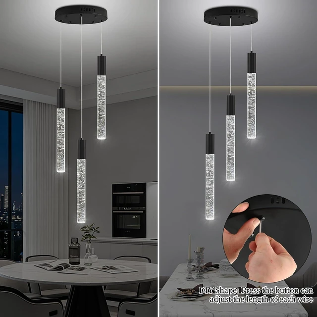 Alt view image 5 of 7 - 3Light Black Modern Bubble Crystal Chandelier, Adjustable Height LED Pendant Light with Remote, Sloped Ceiling Compatible Ceiling Light Fixture for Kitchen Island Dining Room Foyer