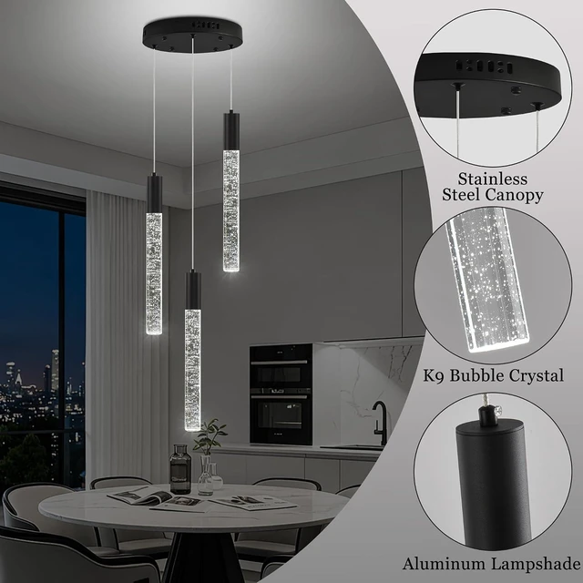 Alt view image 4 of 7 - 3Light Black Modern Bubble Crystal Chandelier, Adjustable Height LED Pendant Light with Remote, Sloped Ceiling Compatible Ceiling Light Fixture for Kitchen Island Dining Room Foyer