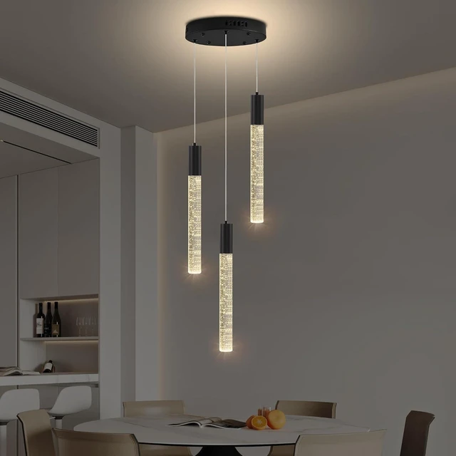 Alt view image 7 of 7 - 3Light Black Modern Bubble Crystal Chandelier, Adjustable Height LED Pendant Light with Remote, Sloped Ceiling Compatible Ceiling Light Fixture for Kitchen Island Dining Room Foyer