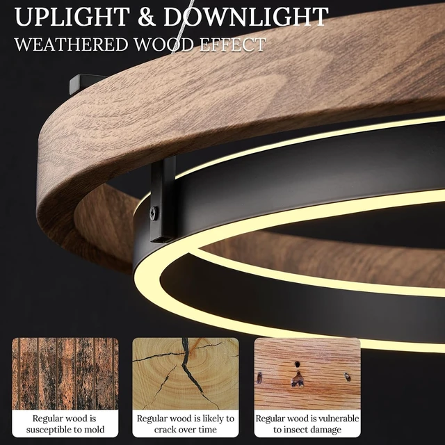 Alt view image 2 of 7 - LED 2 Ring Chandelier Dimmable Up Down Light Black Walnut Wood