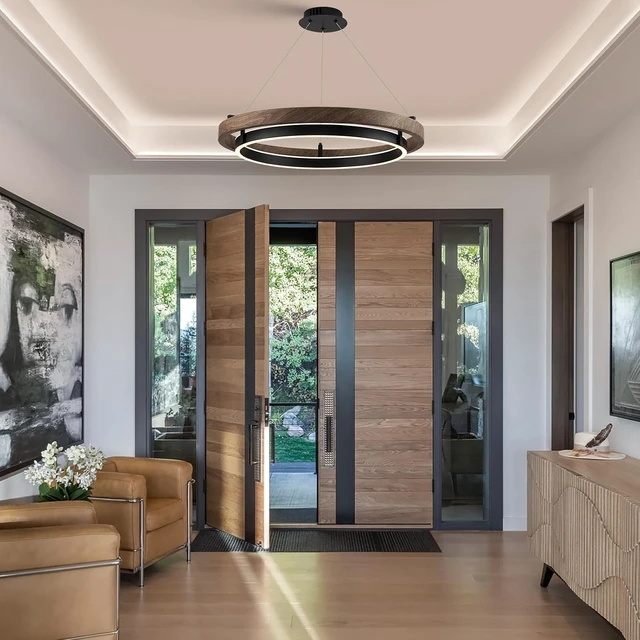 Alt view image 4 of 7 - LED 2 Ring Chandelier Dimmable Up Down Light Black Walnut Wood