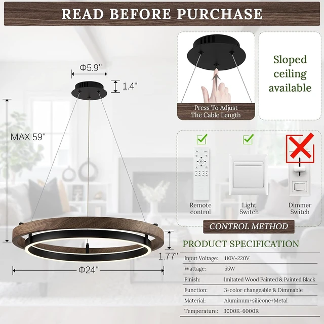 Alt view image 7 of 7 - LED 2 Ring Chandelier Dimmable Up Down Light Black Walnut Wood