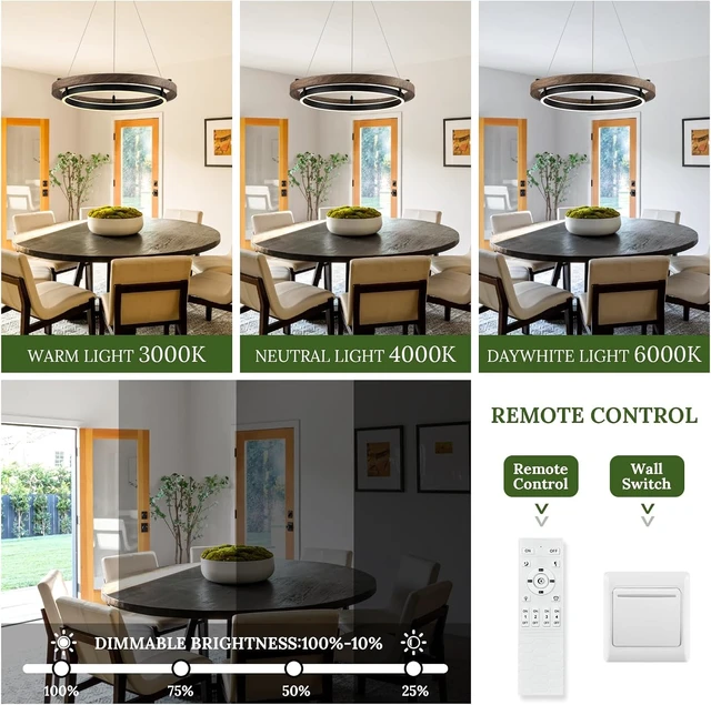 Alt view image 5 of 7 - LED 2 Ring Chandelier Dimmable Up Down Light Black Walnut Wood