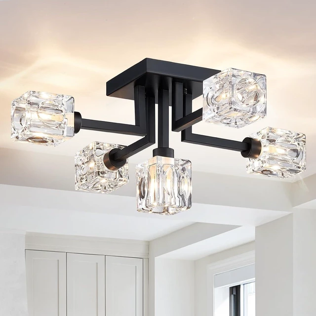 Main image of Semi Flush Mount Ceiling Light Fixture, 20.5" Black Sputnik Chandeliers Modern 5-Light Dining Room Glass Ceiling Lighting for Living Room Kitchen Bedroom Entryway Foyer