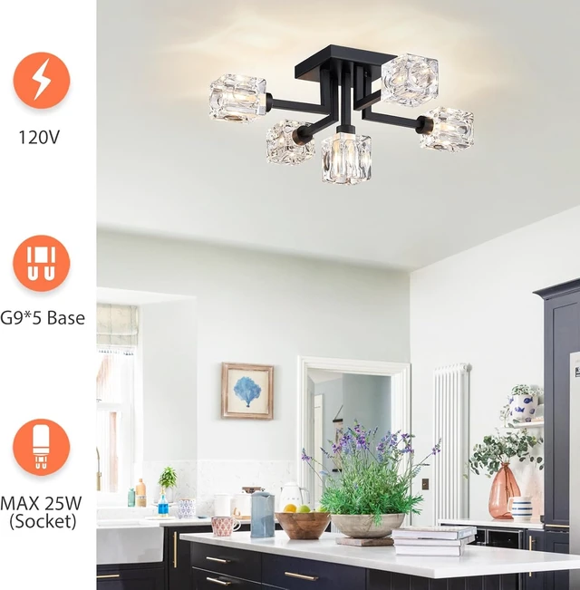 Alt view image 5 of 7 - Semi Flush Mount Ceiling Light Fixture, 20.5" Black Sputnik Chandeliers Modern 5-Light Dining Room Glass Ceiling Lighting for Living Room Kitchen Bedroom Entryway Foyer