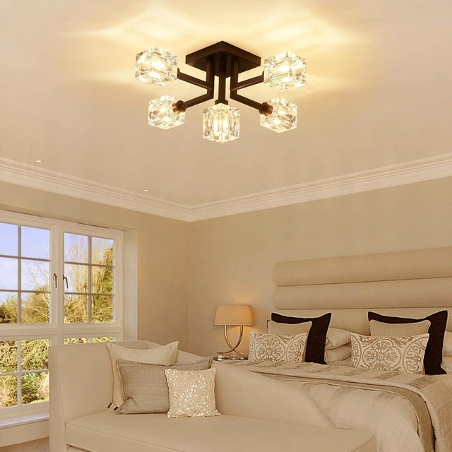 Alt view image 7 of 7 - Semi Flush Mount Ceiling Light Fixture, 20.5" Black Sputnik Chandeliers Modern 5-Light Dining Room Glass Ceiling Lighting for Living Room Kitchen Bedroom Entryway Foyer