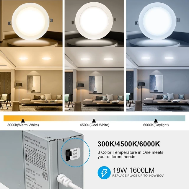 Alt view image 2 of 7 - Elaruslux 20 Pack 7 Inch 3CCT Ultra-Thin LED Recessed Light with Junction Box, 3000K/4500K/6000K Selectable, 18W Eqv 125W, Dimmable Canless Downlight, 1600LM High Brightness
