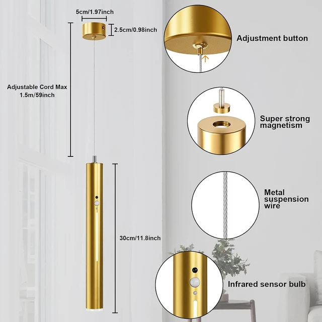 Alt view image 7 of 7 - Lightess Battery Operated Pendant Light Set of 2, Motion Sensor, Gold