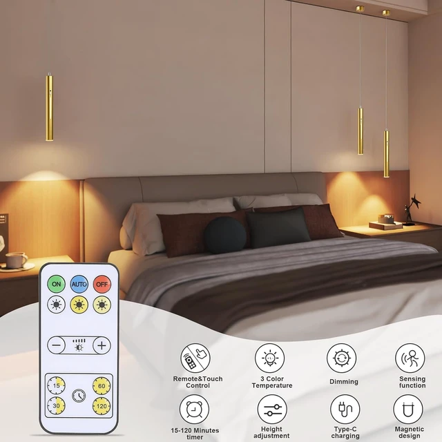 Alt view image 4 of 7 - Lightess Battery Operated Pendant Light Set of 2, Motion Sensor, Gold