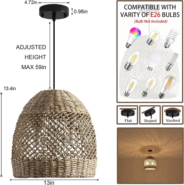 Alt view image 5 of 7 - Rattan Pendant Light, Hand-Woven Wicker Fixtures