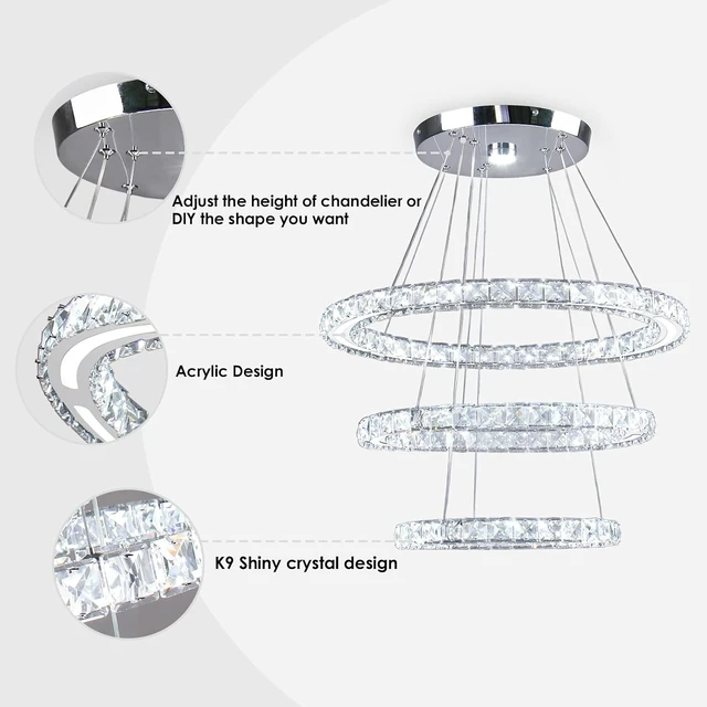 Alt view image 6 of 7 - 3-Ring Acrylic Crystal Chandelier Modern Ceiling Light Fixture