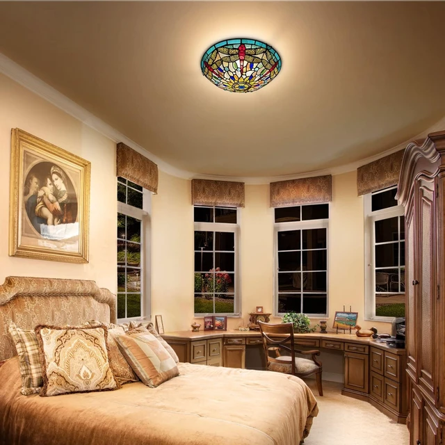 Alt view image 3 of 6 - ARTZONE Tiffany Ceiling Lights, Stained Glass Ceiling Light 3-Lights 16 Inch Tiffany Flush Mount Ceiling Light for Bedroom Dining Living Room Entryway Foyer
