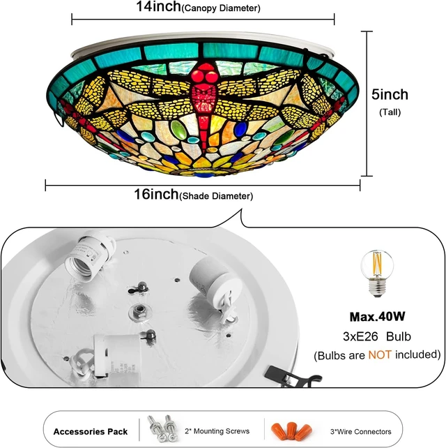 Alt view image 6 of 6 - ARTZONE Tiffany Ceiling Lights, Stained Glass Ceiling Light 3-Lights 16 Inch Tiffany Flush Mount Ceiling Light for Bedroom Dining Living Room Entryway Foyer
