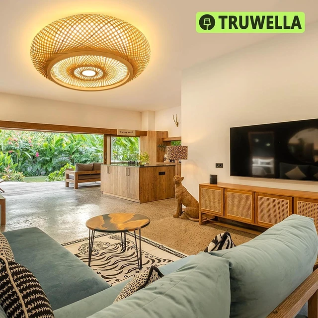 Alt view image 2 of 7 - 19.7 in Bamboo Woven Rattan-Style Ceiling Light, Boho Ceiling Light Fixture with Remote, LED Dimmable Ceiling Light, Boho Light Fixture for Bedroom Living Room Dining Room Light