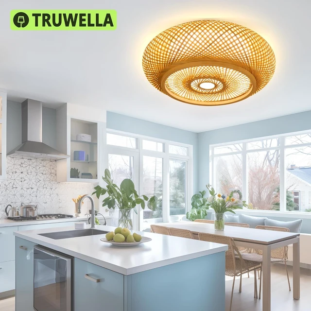 Alt view image 3 of 7 - 19.7 in Bamboo Woven Rattan-Style Ceiling Light, Boho Ceiling Light Fixture with Remote, LED Dimmable Ceiling Light, Boho Light Fixture for Bedroom Living Room Dining Room Light