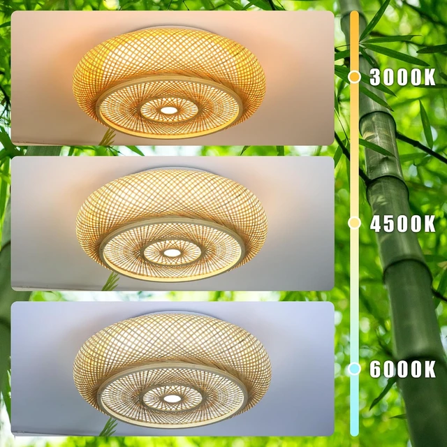 Alt view image 4 of 7 - 19.7 in Bamboo Woven Rattan-Style Ceiling Light, Boho Ceiling Light Fixture with Remote, LED Dimmable Ceiling Light, Boho Light Fixture for Bedroom Living Room Dining Room Light