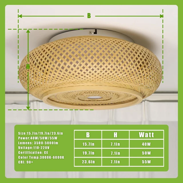 Alt view image 7 of 7 - 19.7 in Bamboo Woven Rattan-Style Ceiling Light, Boho Ceiling Light Fixture with Remote, LED Dimmable Ceiling Light, Boho Light Fixture for Bedroom Living Room Dining Room Light