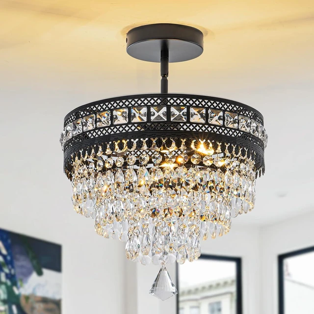 Main image of Modern Crystal Chandelier, Farmhouse Ceiling Light, Flush Mount Light Fixture,11.8W x 9H inches, 4-Layer K9 Crystal, Indoor Ceiling Light Pendant for Bedroom, Hallway, Closet (Midnight Onyx)