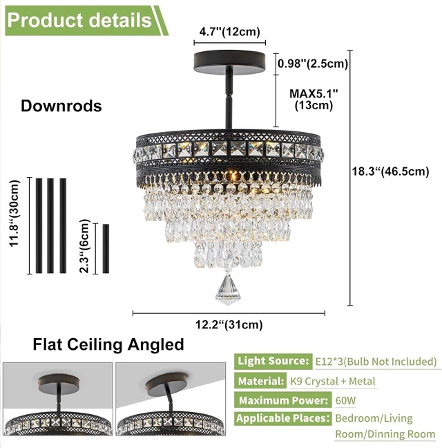 Alt view image 3 of 6 - Modern Crystal Chandelier, Farmhouse Ceiling Light, Flush Mount Light Fixture,11.8W x 9H inches, 4-Layer K9 Crystal, Indoor Ceiling Light Pendant for Bedroom, Hallway, Closet (Midnight Onyx)